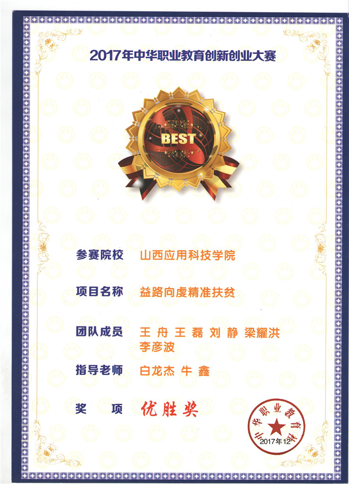 喜报  Beat365官网“1+1”实验班“益路虔诚精准扶贫”项目荣获2017中华职业教育创新创业大赛国家级优胜奖